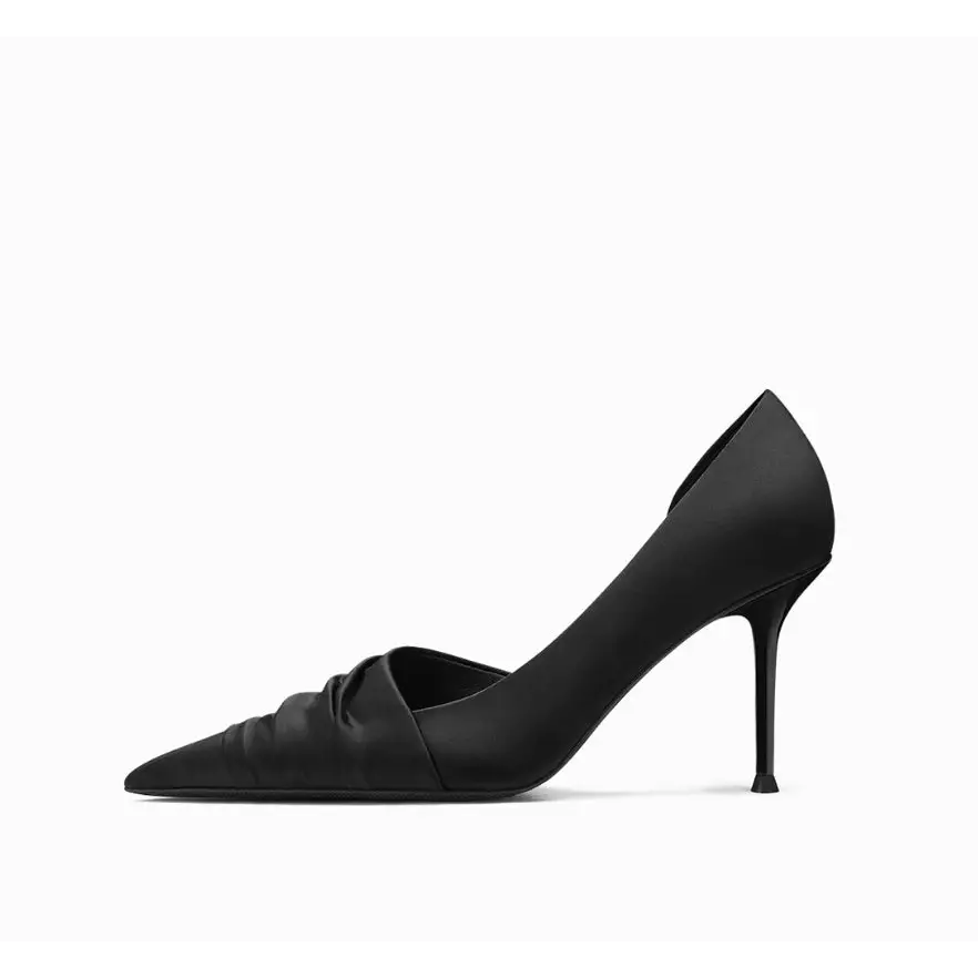 Ruched black cloth satin pointed high heel pump with pointed toe in sleek minimalist design
