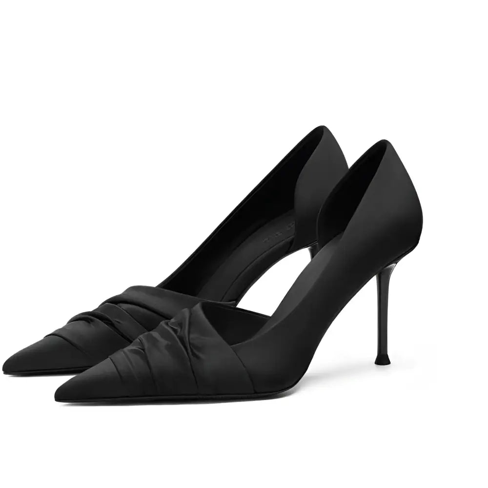 Ruched black cloth satin pointed high heels featuring pointed toe design in elegant black satin material