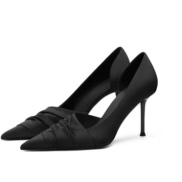 Ruched black cloth satin pointed high heels featuring pointed toe design in elegant black satin material