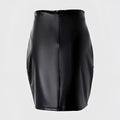 Ruched black high waist tight pu leather mini skirt with sleek glossy finish and central front zipper