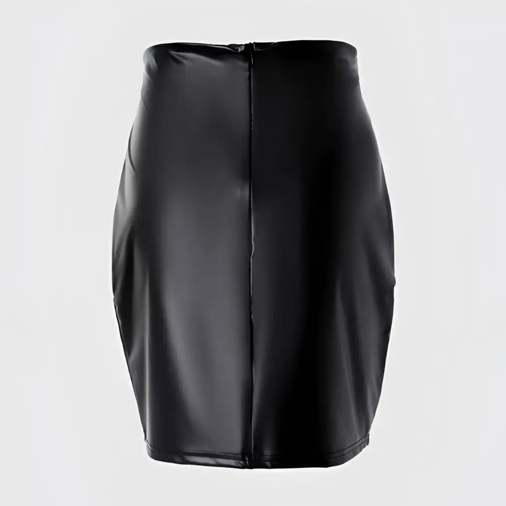 Ruched black high waist tight pu leather mini skirt with sleek glossy finish and central front zipper