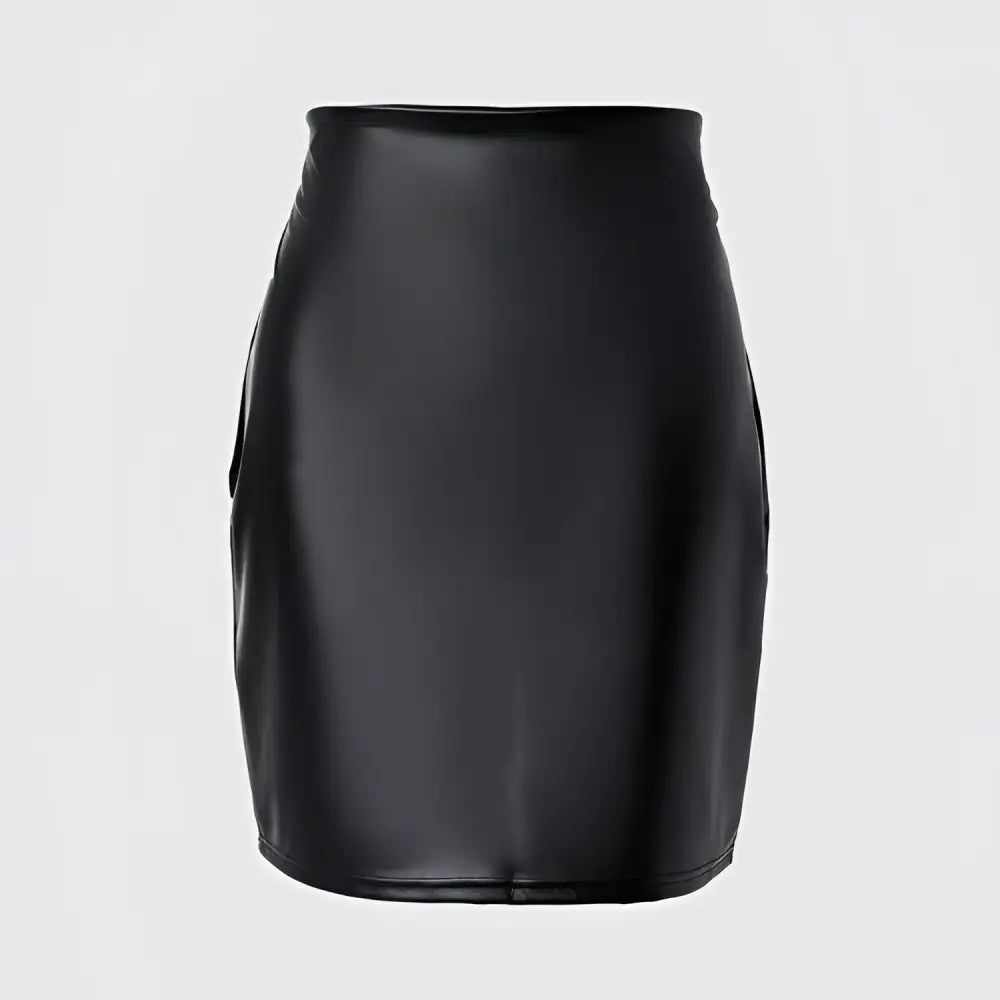 Ruched black high waist tight pu leather mini skirt with sleek form-fitting design in faux leather material