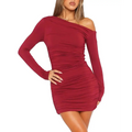 A form-fitting wine red long sleeve dress featuring one shoulder design and ruched detailing in a mini length