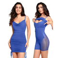 A form-fitting ruched royal blue shapewear dress mini with side ties for a flattering silhouette