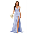 A flowing light blue satin ruched waist mermaid bridesmaid dress with v-neckline and high slit
