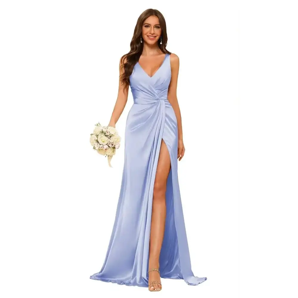 A flowing light blue satin ruched waist mermaid bridesmaid dress with v-neckline and high slit