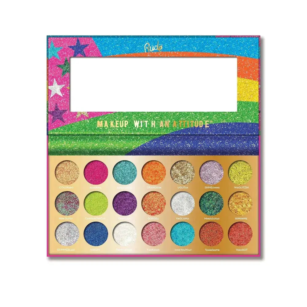 A vibrant rude cosmetics united pressed glitter palette with 20 colorful shimmering shades in a rainbow design