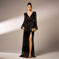 Elegant black velvet sexy long sequined evening dress with sparkling sequin detailing and a high slit rust bell sleeve