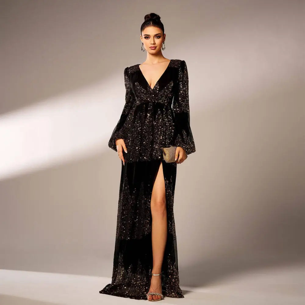 Elegant black velvet sexy long sequined evening dress with sparkling sequin detailing and a high slit rust bell sleeve