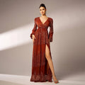 A rust bell sleeve sexy long sequined evening dress with a high slit and sparkling sequins on the bodice and skirt
