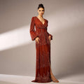 A rust bell sleeve sexy long sequined evening dress with shimmering fabric and sheer long sleeves