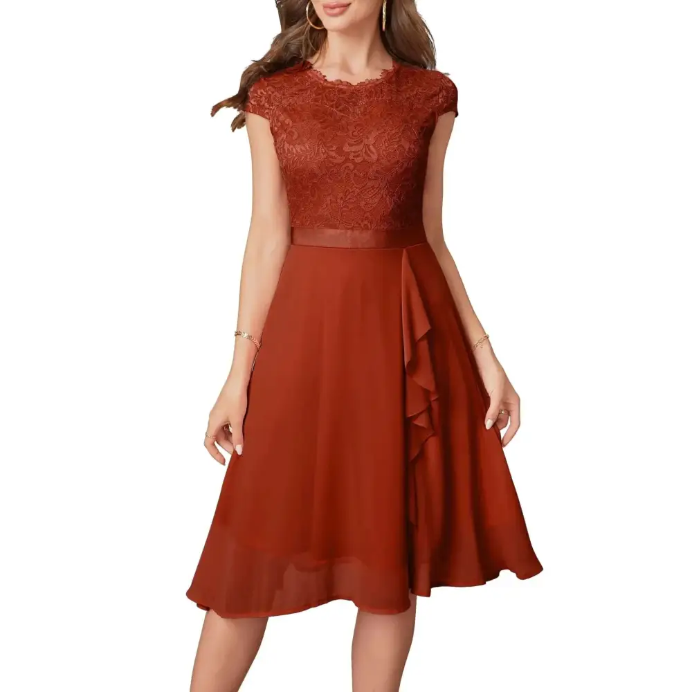 Rust lace chiffon wedding guest dress featuring a rust-colored lace bodice and flowing chiffon skirt with ruffled hemline