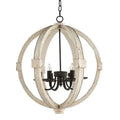Rustic white globe wood chandelier with black metal accents and four clear bulb sockets in distressed finish