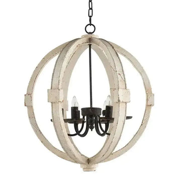 Rustic white globe wood chandelier with black metal accents and four clear bulb sockets in distressed finish