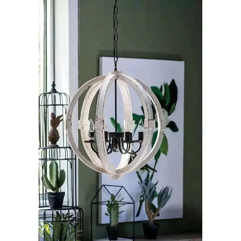 Rustic white globe light wood chandelier with distressed finish black metal accents and chain suspension
