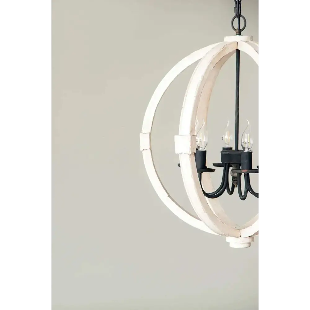 Rustic white globe wood chandelier featuring a distressed wooden sphere with black metal accents and clear glass bulbs