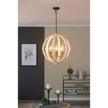 Rustic white globe wood chandelier with black metal accents featuring four candle style bulbs in wooden rings