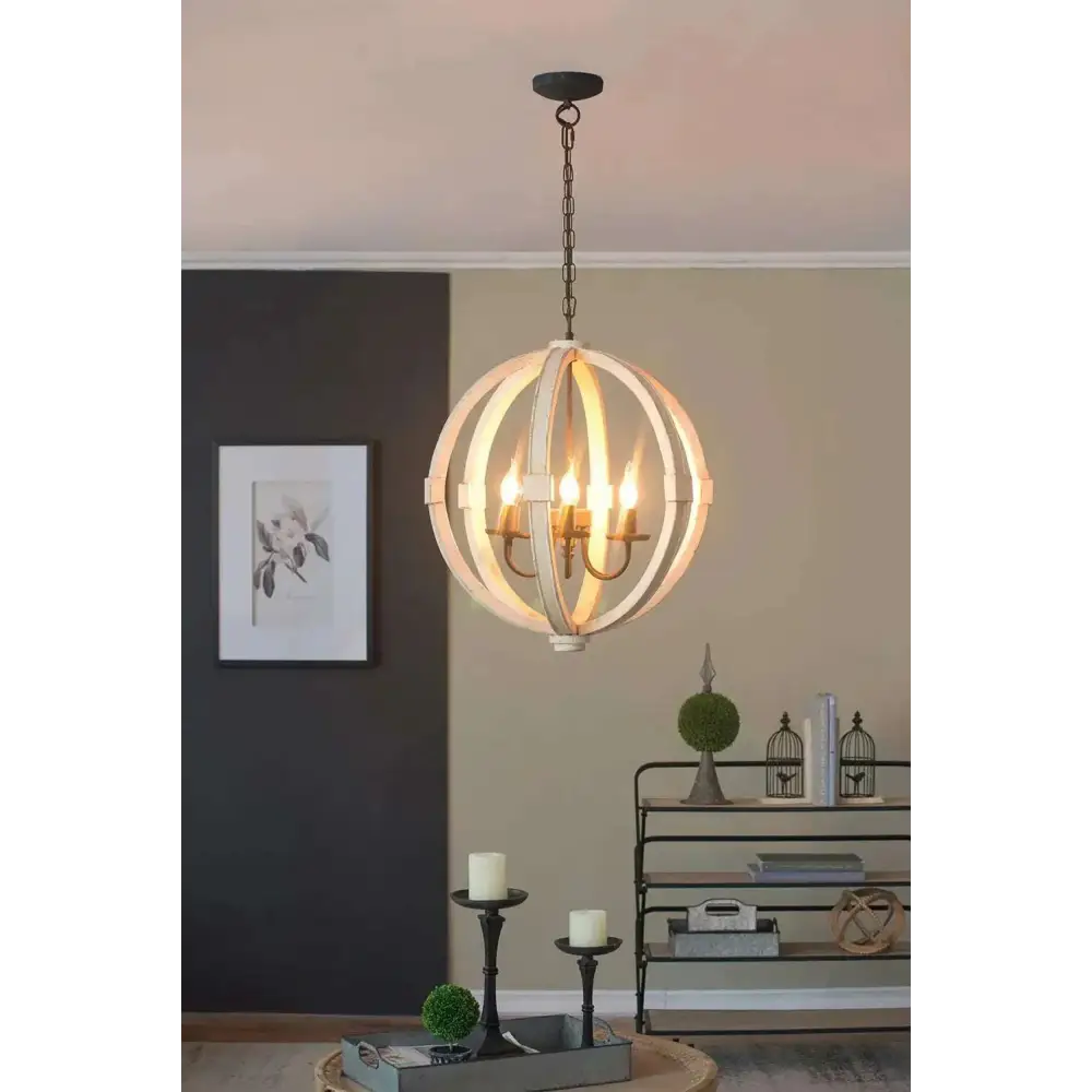 Rustic white globe wood chandelier with black metal accents featuring four candle style bulbs in wooden rings