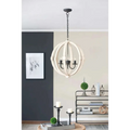 Rustic white globe wood chandelier featuring white spherical light with black metal accents and chain suspension