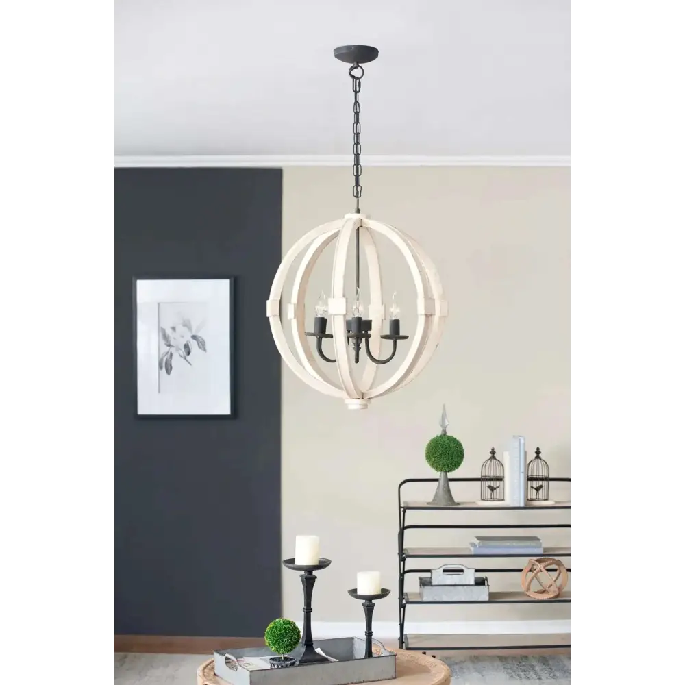 Rustic white globe wood chandelier featuring white spherical light with black metal accents and chain suspension