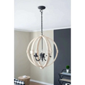 Rustic white globe wood chandelier with a spherical whitewashed frame and black metal accents featuring three bulbs