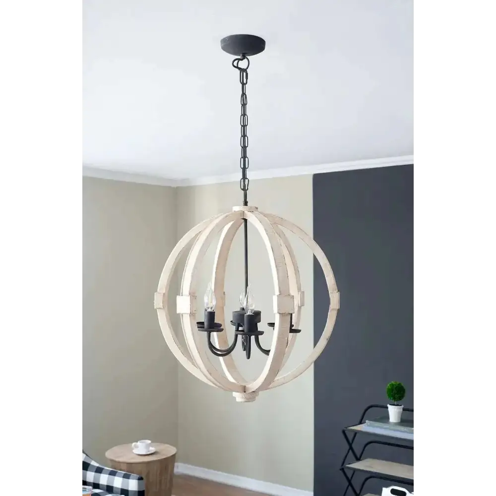 Rustic white globe wood chandelier with a spherical whitewashed frame and black metal accents featuring three bulbs