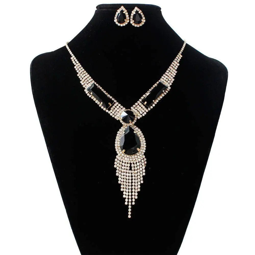 Elegant black and silver rhinestone s151 fashion bridal jewelry set with cascading fringe choker and matching teardrop earrings
