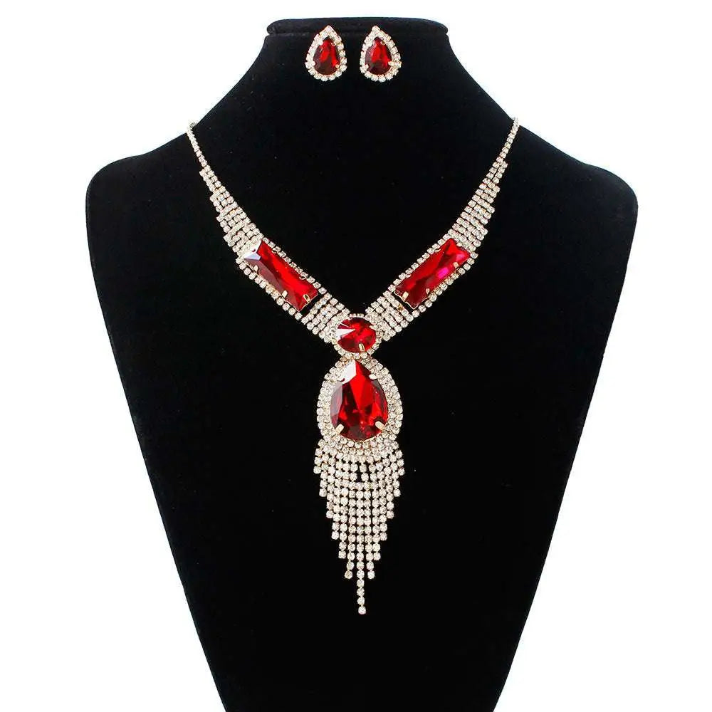 Elegant s151 fashion bridal jewelry set with red rhinestones featuring teardrop crystals and cascading fringe design