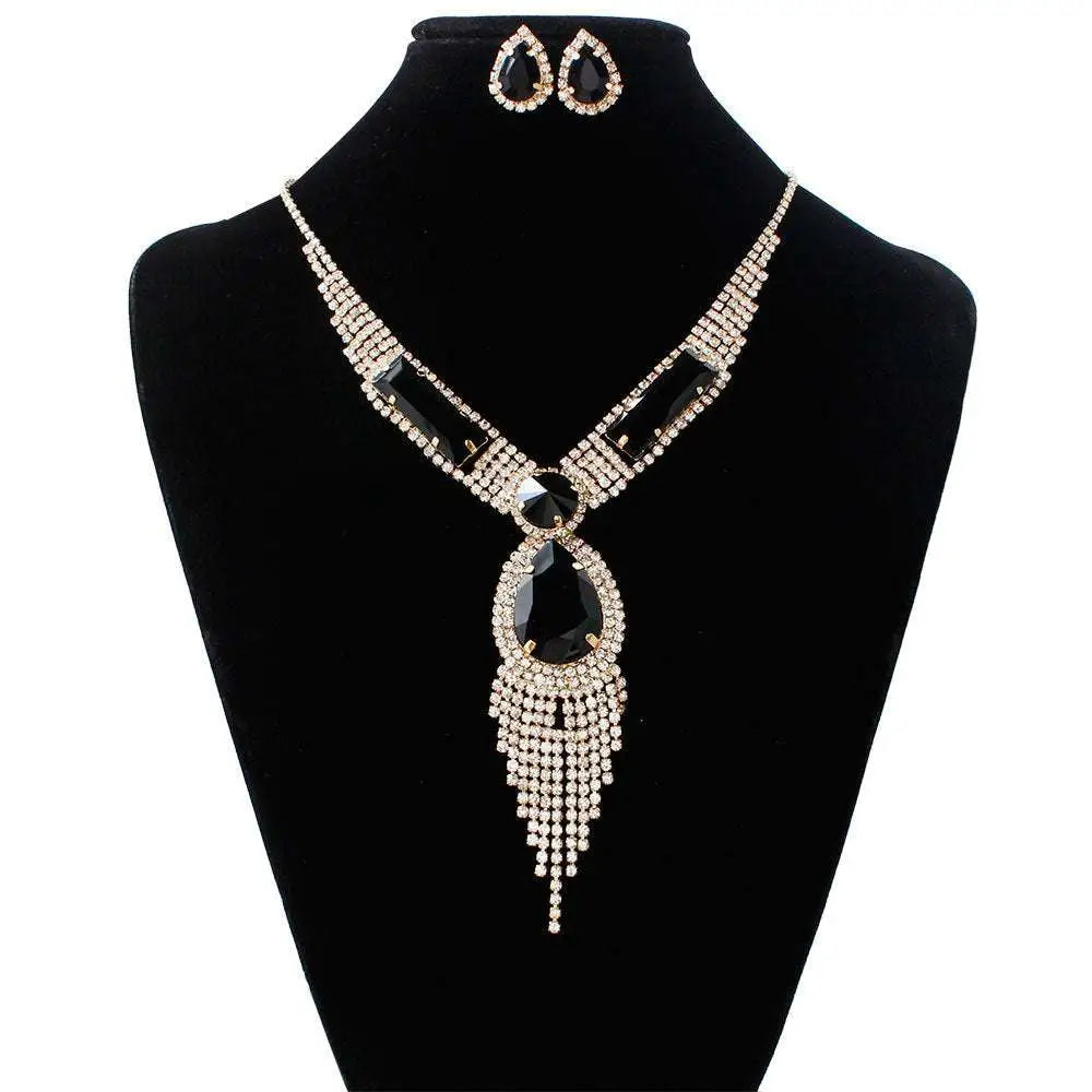 Elegant s151 fashion bridal necklace and earrings set featuring red and silver rhinestones with teardrop centerpiece
