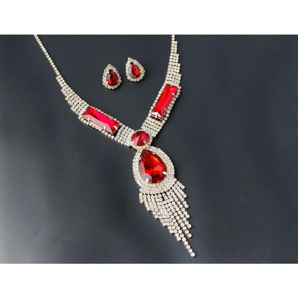 S151 fashion bridal rhinestone necklace in red and silver with teardrop pendant and fringe in a fashion bridal jewelry set