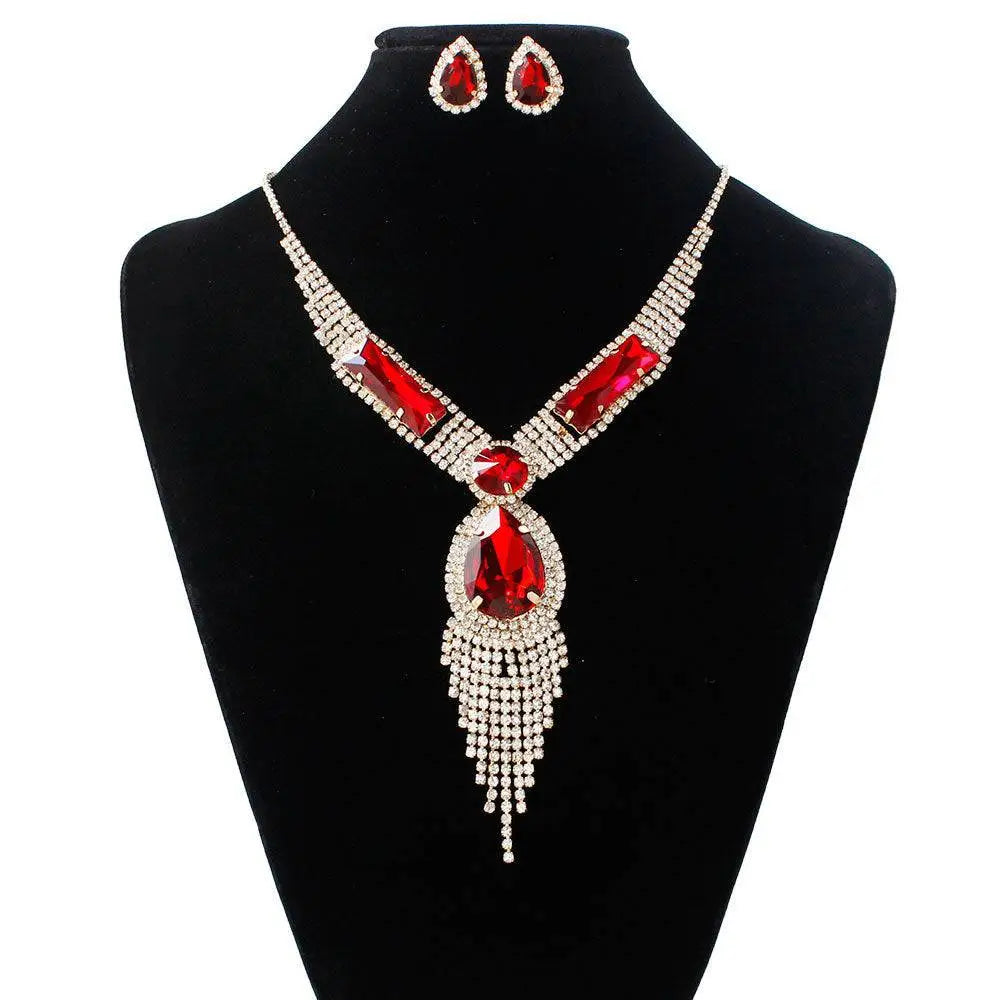 Elegant s151 fashion bridal necklace and earrings set featuring red and silver rhinestones with teardrop centerpiece