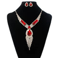 Elegant s151 fashion bridal necklace and earrings set featuring red and silver rhinestones with teardrop centerpiece