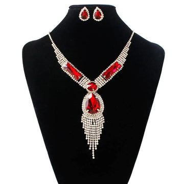 Elegant s151 fashion bridal necklace and earrings set featuring red and silver rhinestones with teardrop centerpiece