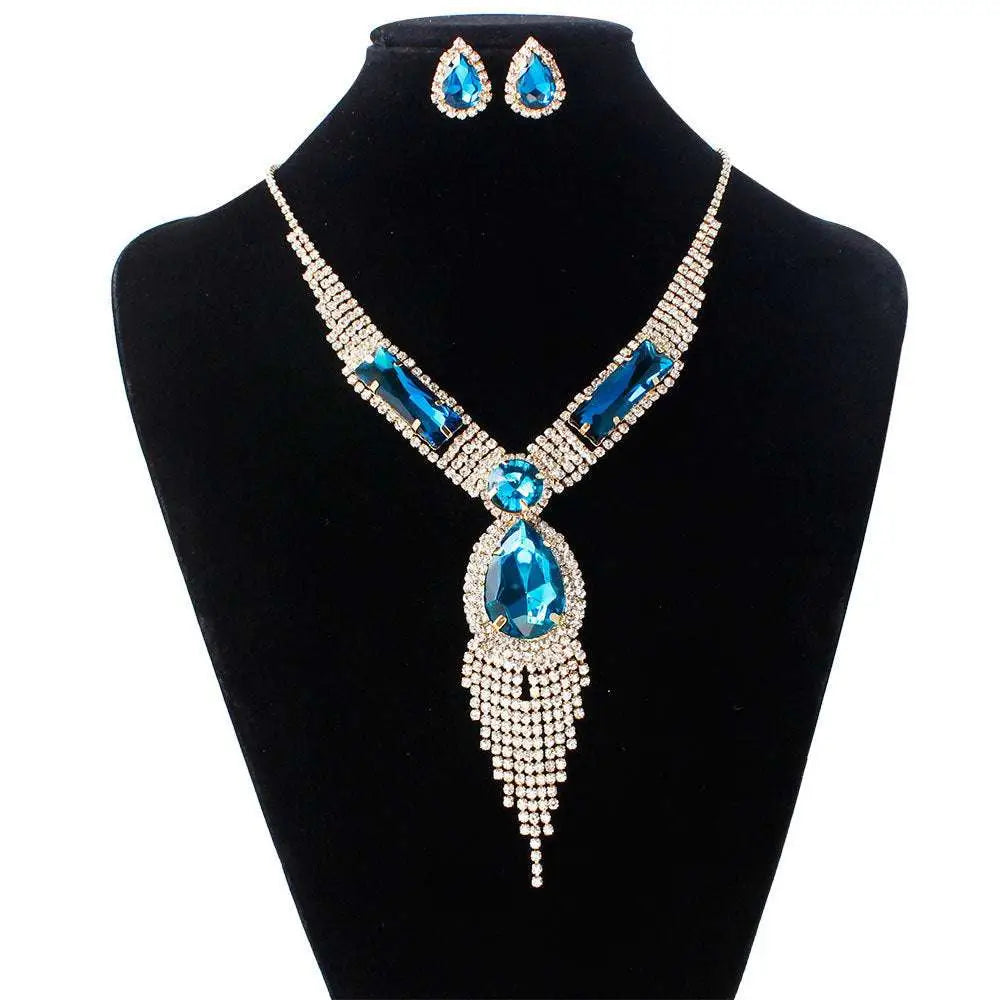 S151 fashion bridal jewelry elegant blue and silver rhinestone bridal jewelry set with teardrop centerpiece and earrings
