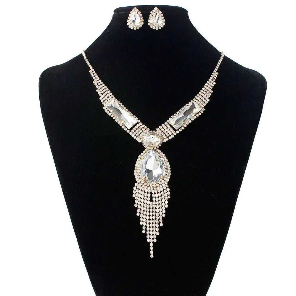 S151 fashion bridal rhinestone jewelry set with silver choker, cascading teardrop pendant, and matching earrings