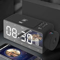 Black S91S Fashion Wireless Bluetooth speaker clock with red rectangular display, music controls, FM radio, and side camera lens