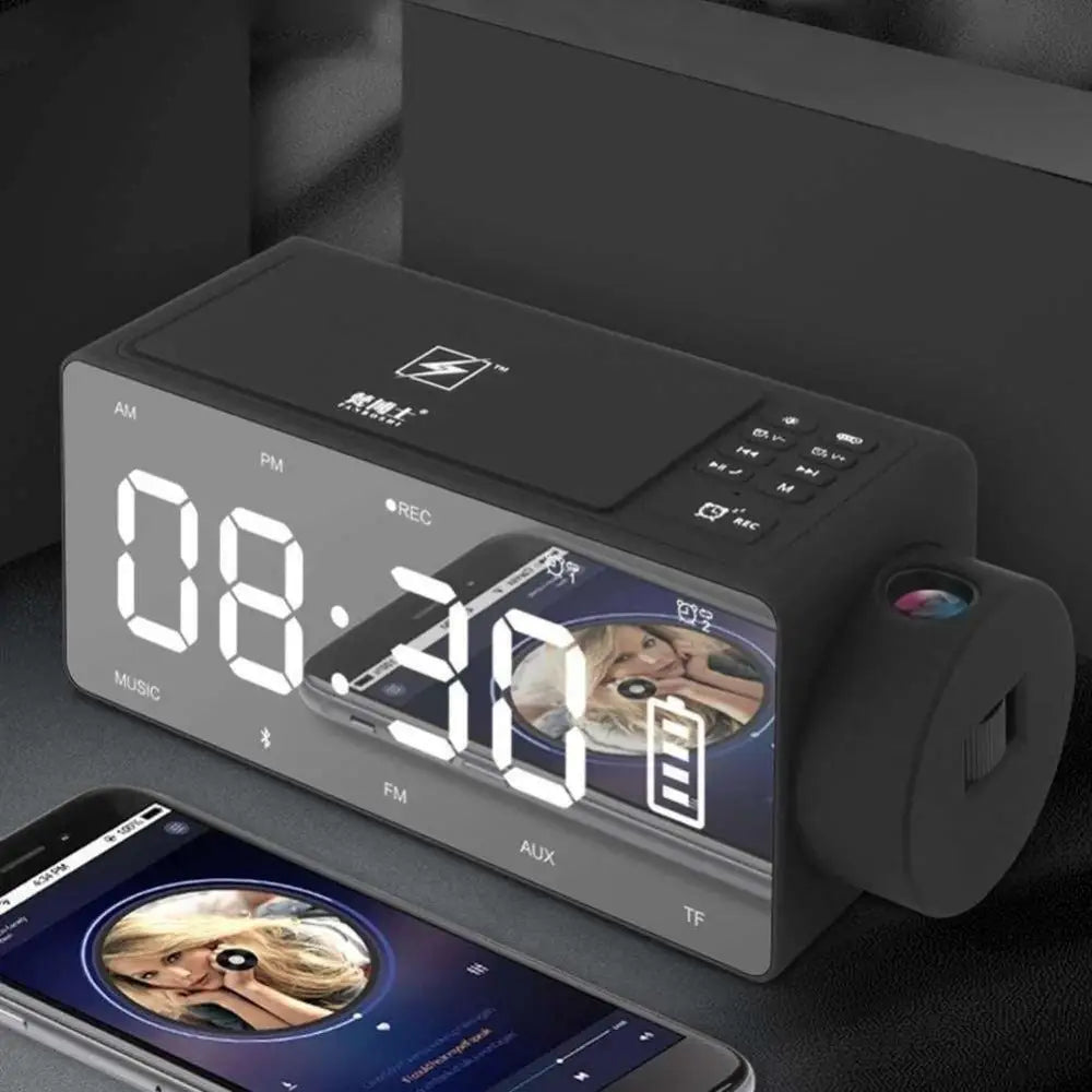 Black S91S Fashion Wireless Bluetooth speaker clock with red rectangular display, music controls, FM radio, and side camera lens