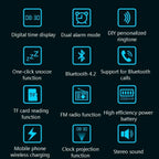Blue-lit digital feature icons on a dark background of the s91s fashion wireless bluetooth speaker clock red rectangular model
