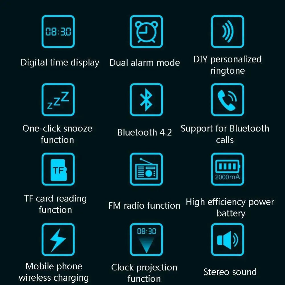 Blue-lit digital feature icons on a dark background of the s91s fashion wireless bluetooth speaker clock red rectangular model
