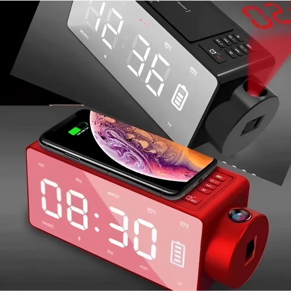 Red rectangular s91s fashion wireless bluetooth speaker clock with digital display wireless charging and projector features