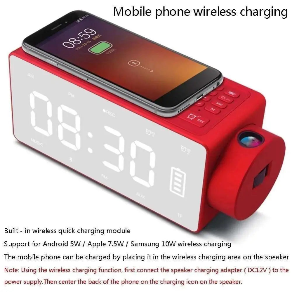 Red rectangular s91s fashion wireless bluetooth speaker clock with digital display and built-in projector
