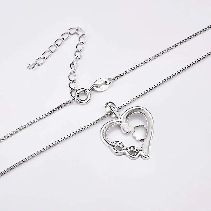 Silver heart necklace s925 fashionable pet design with dog paw silver cutout and dog silhouette on box chain