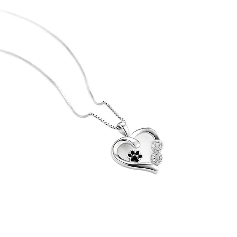 Silver heart necklace with a black dog paw silver print and sparkling crystal embellishment s925 fashionable pet design