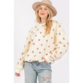 Cream-colored sage fig long sleeve sweatshirt with soft cozy texture and all-over fig heart printed design