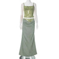 Olive green lace backless tube with stitching ruffle hip and matching flowing sage green lace skirt ensemble