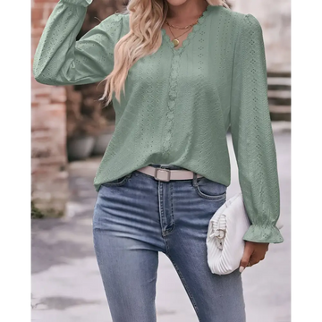 A soft sage green lace sleeves fashionable blouse with long sleeves and a flattering v-neckline