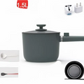 Dark gray 1.5l electric cooking pot with sage green matte finish, matching lid, handle, plug adapter, and measuring cup accessories
