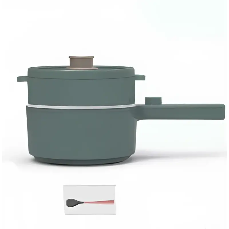A sleek sage green matte electric cooking pot with two tiers and a matching lid featuring a copper-toned knob