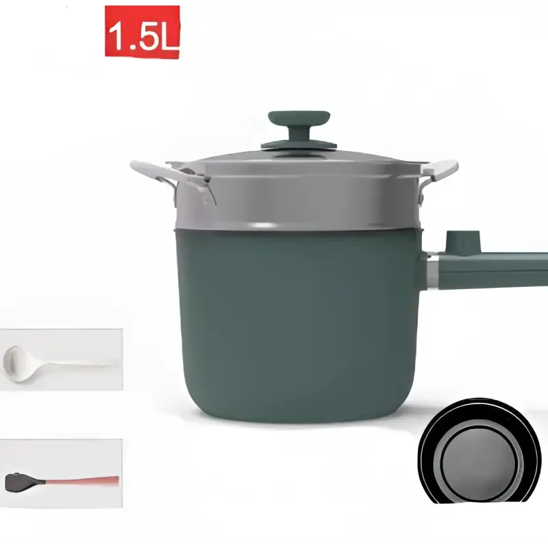 Sage green matte electric cooking pot with matching lid and silver handle featuring dual-layer and steam rack