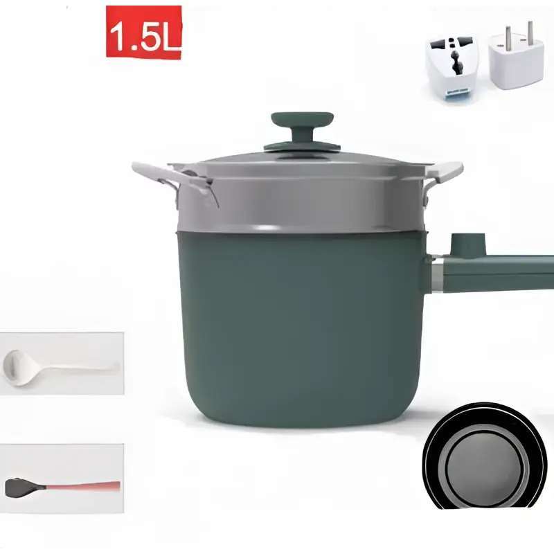 Sage green matte electric cooking pot with a handle and matching lid knob for versatile kitchen use